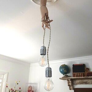 Ceiling Light Wooden Mannequin Hand Poseable Steampunk 2 Edison Bulbs Fun